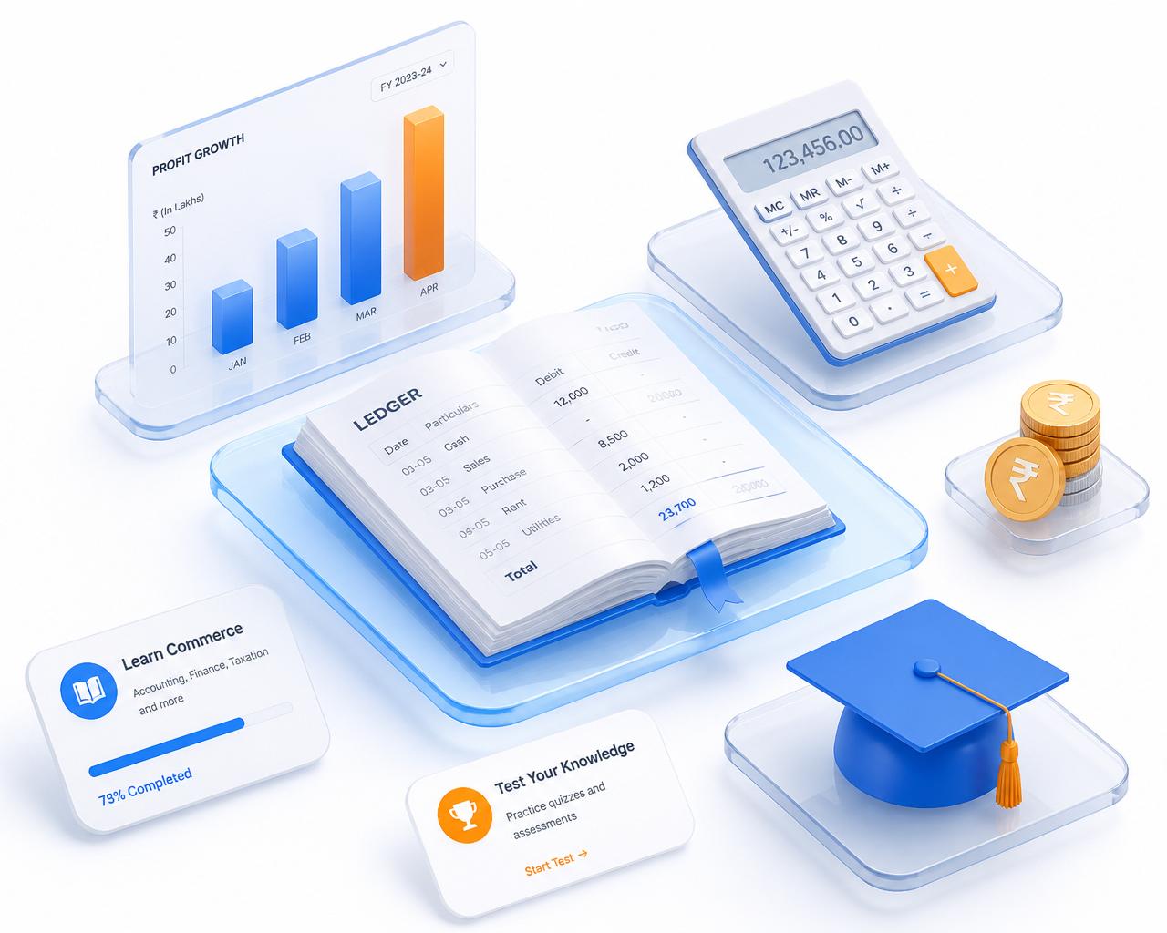 Commerce learning illustration with ledger, chart, calculator and graduation cap